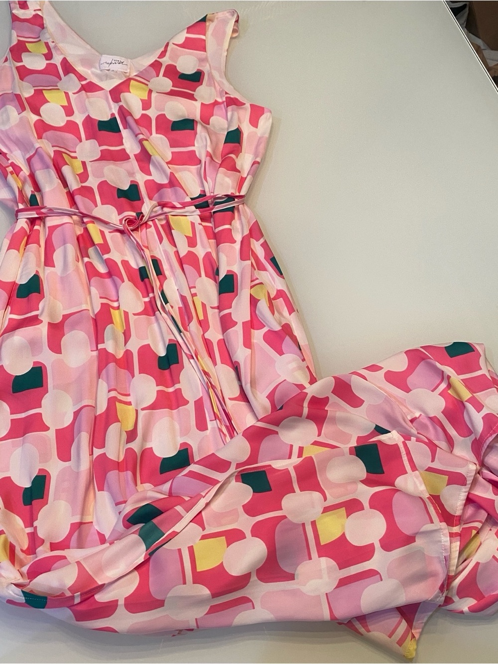 Soma Unwind Pink Geometric Print Sleeveless Belted Maxi Dress Side Slits Size L
